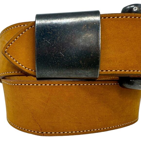 Calfskin Sturdy Soft Natural Color Brass Buckle Belt - TAN - Picture 3 of 7